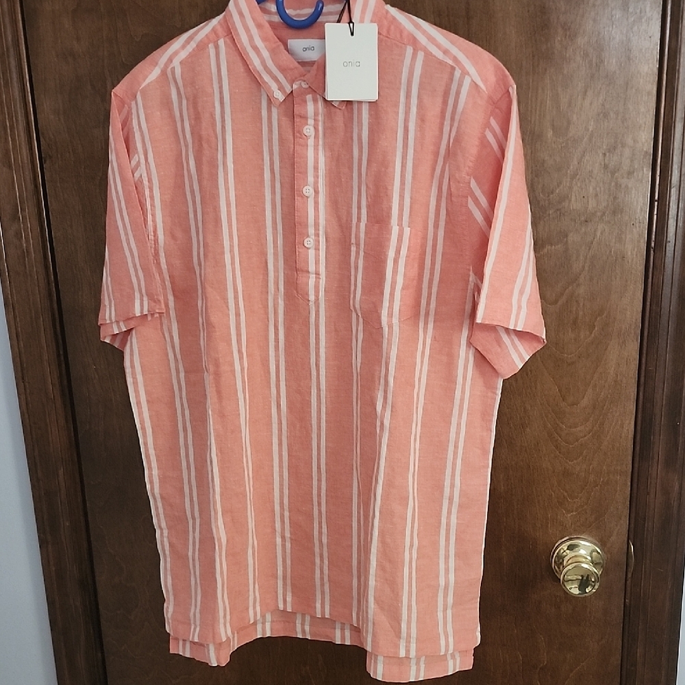 Onia Salmon and White Short Sleeve  Striped Casual Button Down Shirt